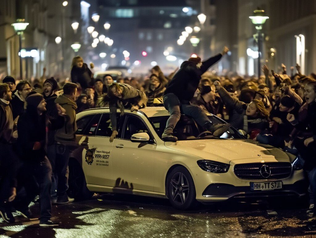 Dramatische Szene am Hamburg Alster. Mehrere Fahrgäste möchten in einem Taxi einsteigen. Wie verraten wie die Geschichte ausgegangen ist.